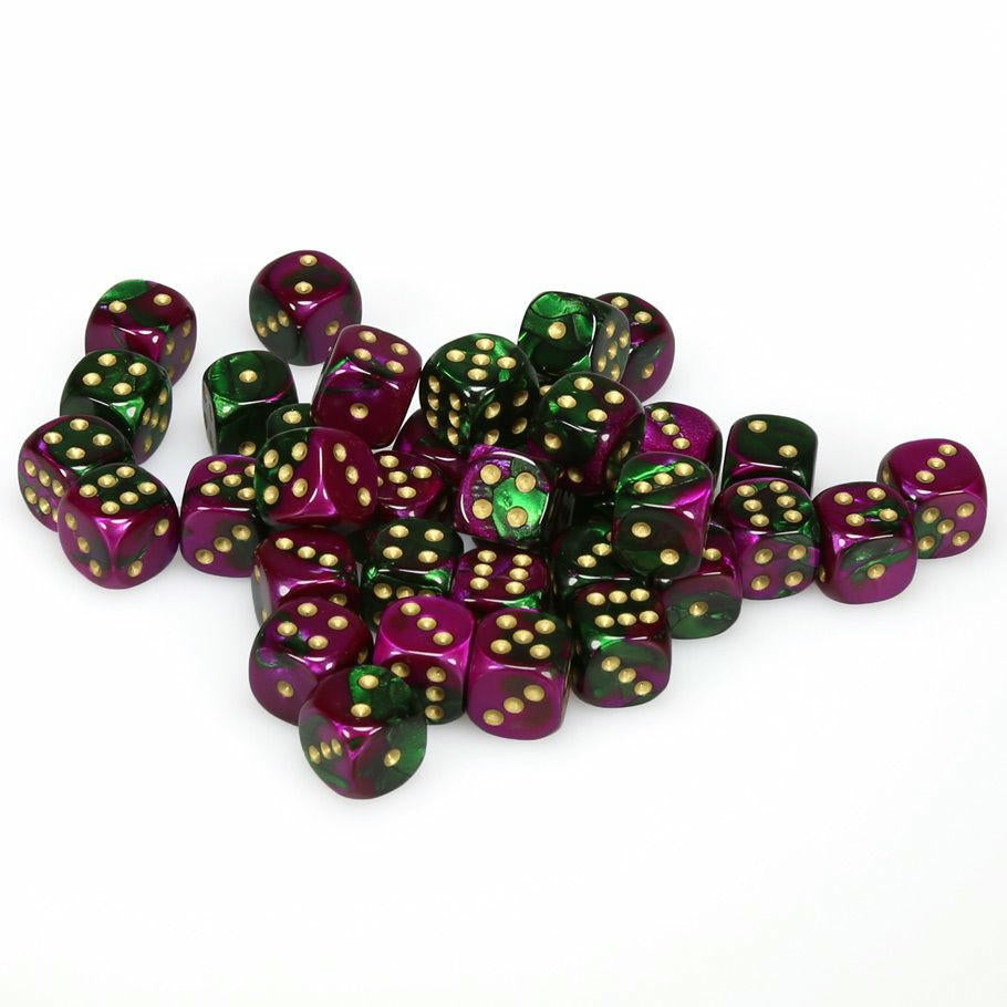 Image of Chessex Gemini 3: 12mm D6 Green-Purple w/Gold (36) Dice Block CHX26834