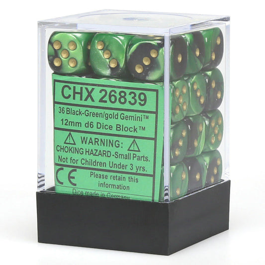 Image of Chessex Gemini 3: 12mm D6 Black/Green w/Gold (36) Dice Block CHX26839