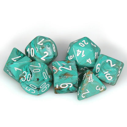 Image of Chessex Marble Oxi-Copper/White Polyhedral Dice Set D20/12/10/%/8/6x2/4