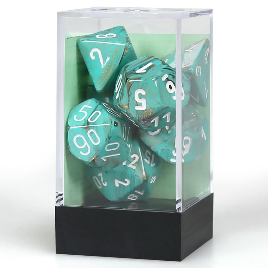 Image of Chessex Marble Oxi-Copper/White Polyhedral Dice Set D20/12/10/%/8/6x2/4