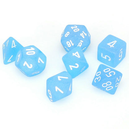 Image of Chessex Frosted Caribbean Blue w/White Markings 7-Dice Set (D20/12/10/%/8/6/4)