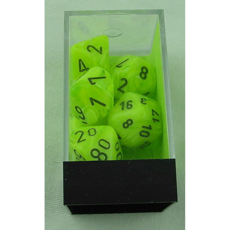 Image of Chessex Vortex Bright Green Dice w/Black Markings 7-Dice Set (D20/12/10/%/8/6/4)
