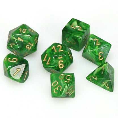 Image of Chessex Vortex Green Dice w/Gold Markings 7-Dice Set (D20/12/10/%/8/6/4)