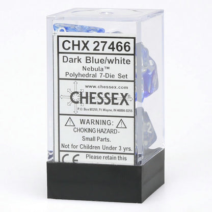 Image of Chessex Nebula Dark Blue/White Polyhedral Dice Set (D20/12/10/%/8/6/4) 27466