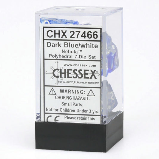 Image of Chessex Nebula Dark Blue/White Polyhedral Dice Set (D20/12/10/%/8/6/4) 27466