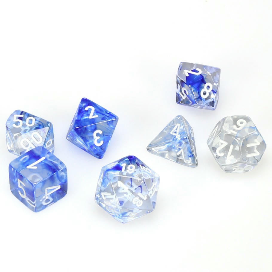 Image of Chessex Nebula Dark Blue/White Polyhedral Dice Set (D20/12/10/%/8/6/4) 27466