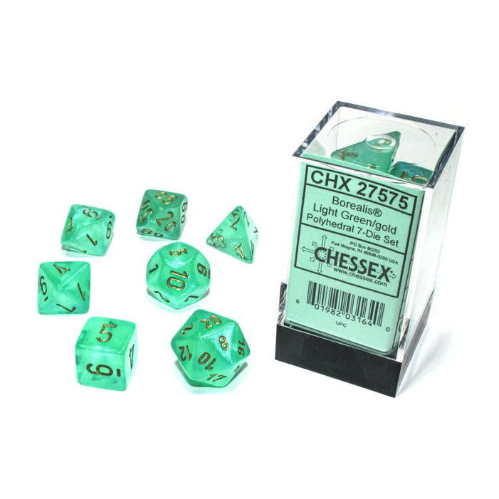 Chessex Borealis Light Green/Gold Roleplaying/RPG 7-Dice Set D20/12/10/%/8/6/4