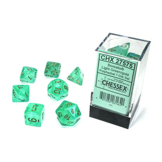 Chessex Borealis Light Green/Gold Roleplaying/RPG 7-Dice Set D20/12/10/%/8/6/4
