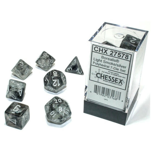 Image of Chessex Borealis Light Smoke Dice w/Silver Markings 7-Dice Set D20/12/10/%/8/6/4