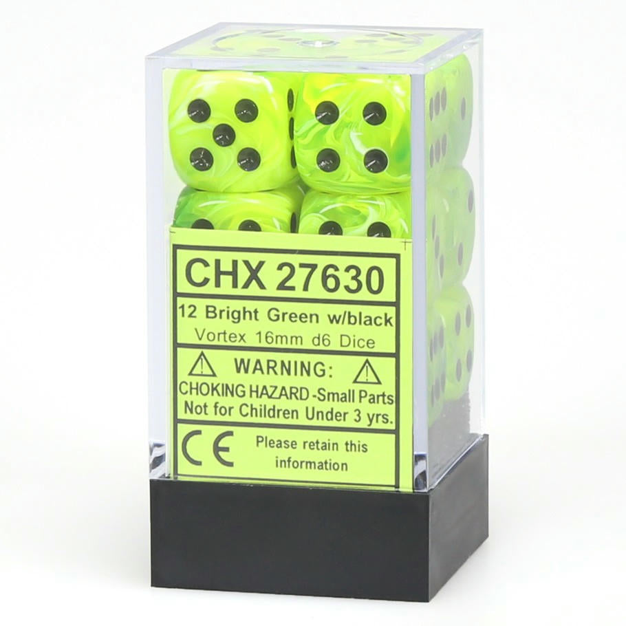 Image of Chessex Bright Green d6 Dice w/Black Markings 12-Dice Set (16mm) CHX27630
