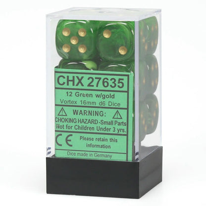 Image of Chessex Green d6 Dice w/Gold Markings 12-Dice Set (16mm) CHX27635