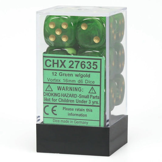 Image of Chessex Green d6 Dice w/Gold Markings 12-Dice Set (16mm) CHX27635