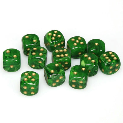 Image of Chessex Green d6 Dice w/Gold Markings 12-Dice Set (16mm) CHX27635