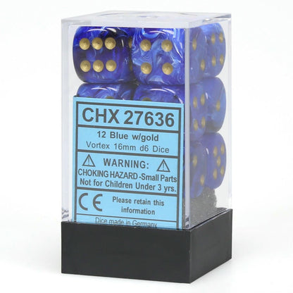 Image of Chessex Blue d6 Dice w/Gold Markings 12-Dice Set (16mm) CHX27636