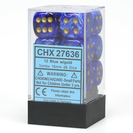 Image of Chessex Blue d6 Dice w/Gold Markings 12-Dice Set (16mm) CHX27636