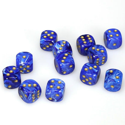 Image of Chessex Blue d6 Dice w/Gold Markings 12-Dice Set (16mm) CHX27636