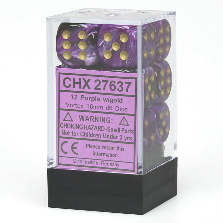 Image of Chessex Purple d6 Dice w/Gold Markings 12-Dice Set (16mm) CHX27637