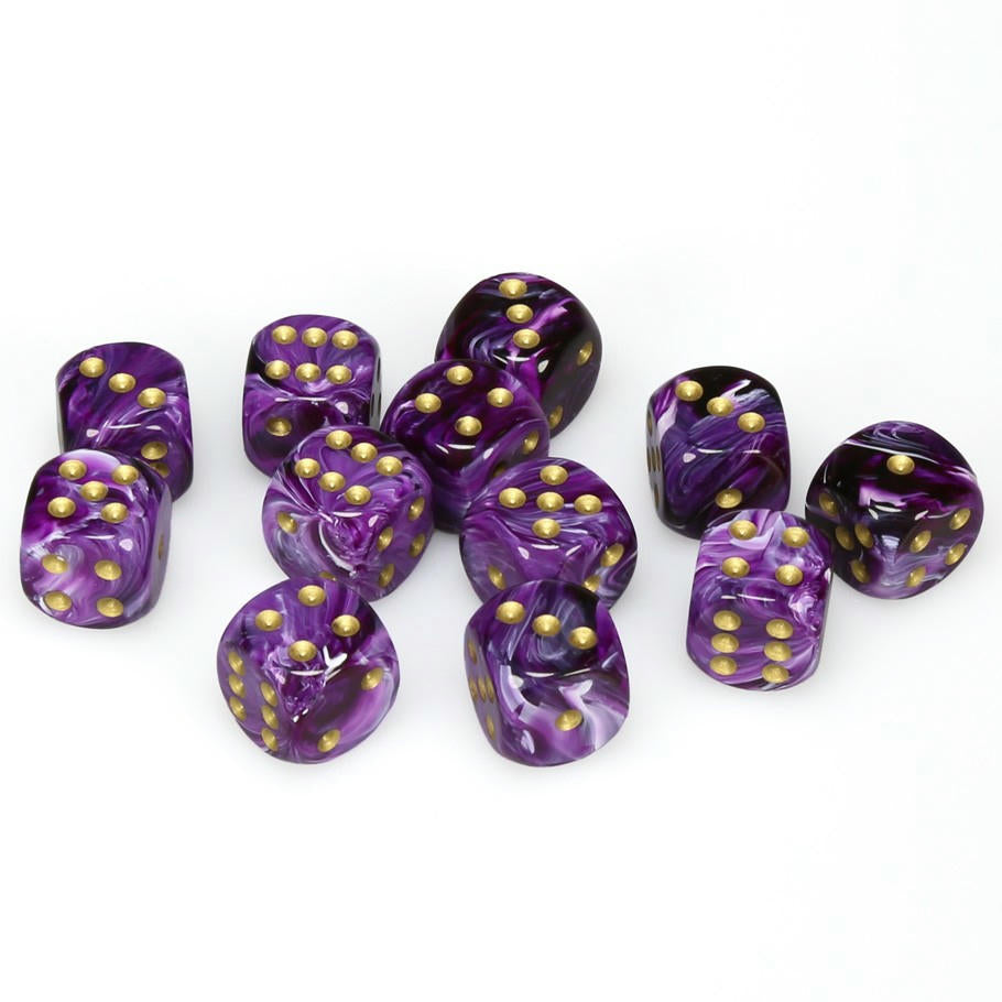 Image of Chessex Purple d6 Dice w/Gold Markings 12-Dice Set (16mm) CHX27637