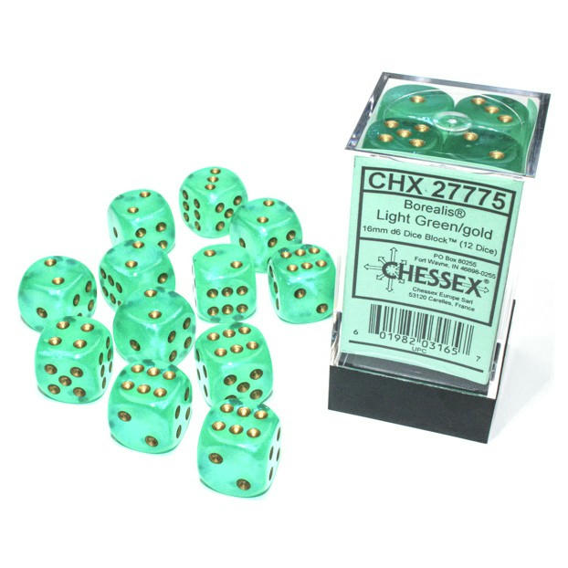 Image of Chessex Borealis Luminary Light Green w/Gold 16mm d6 (12) Dice Set CHX27775