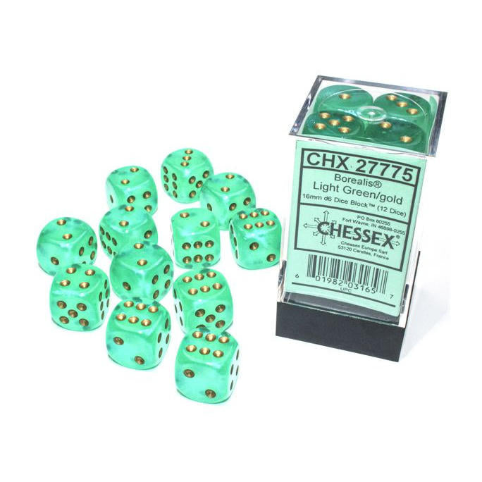 Chessex Borealis Luminary Light Green w/Gold 16mm d6 (12) Dice Set CHX27775