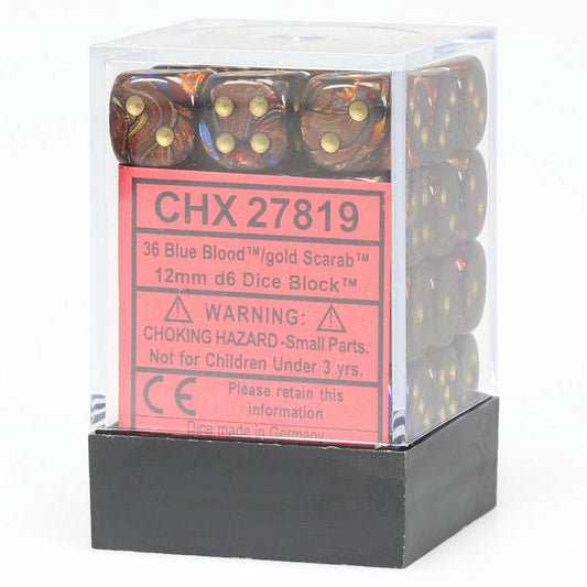 Image of Chessex DScarab Blue/Blood/Gold12mm D6 (36) Dice Set CHX27819