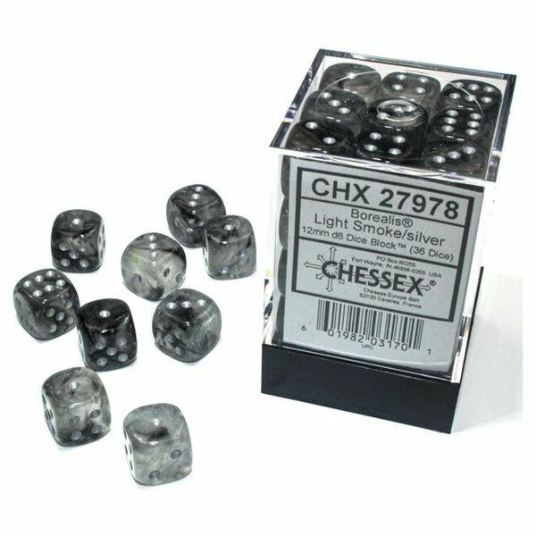 Image of Chessex Borealis Light Smoke Dice w/Silver Markings 12mm D6 Dice Set 36pcs 27867