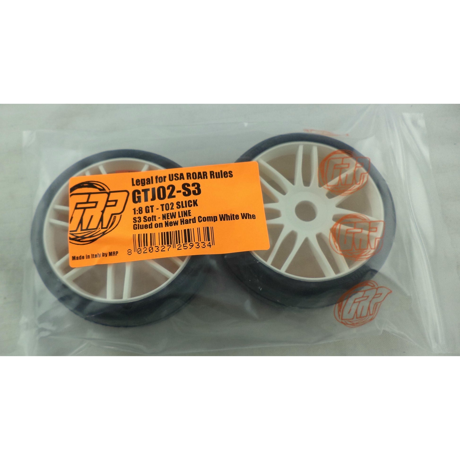 Image of GRP 1/8th GT S3 Compound Soft T02 Slick Tires/White Hard Wheels GTJ02-S3