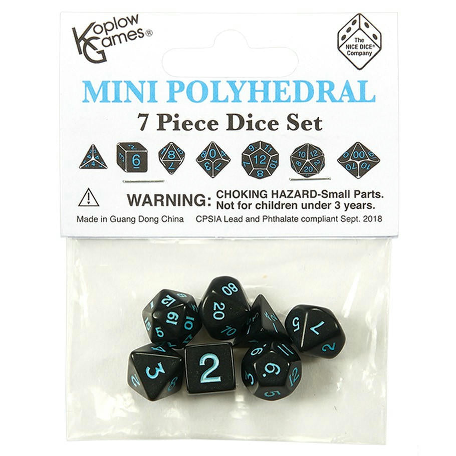 Image of Mini Opaque Black Polyhedral Dice w/Blue Markings 7-Dice Set (D20/12/10/%/8/6/4)