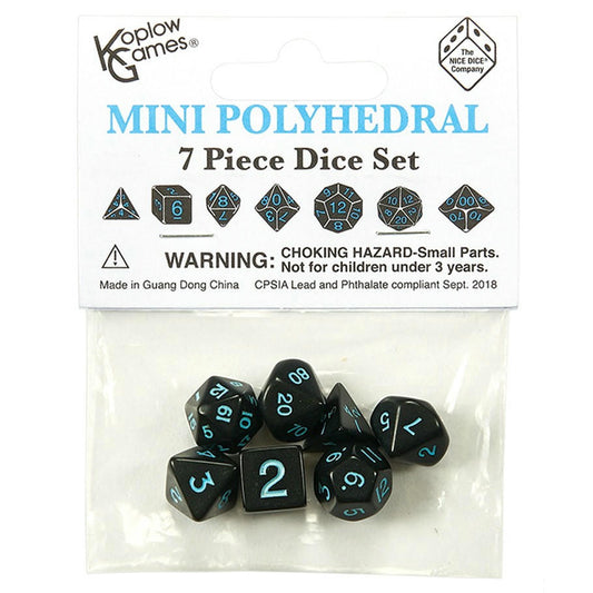 Image of Mini Opaque Black Polyhedral Dice w/Blue Markings 7-Dice Set (D20/12/10/%/8/6/4)