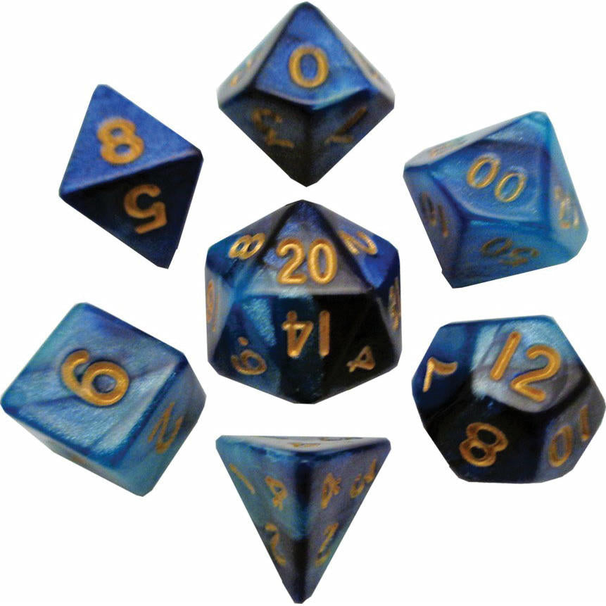 Image of Mini Polyhedral Dice Set: Dark Blue/Light Blue with Gold Numbers