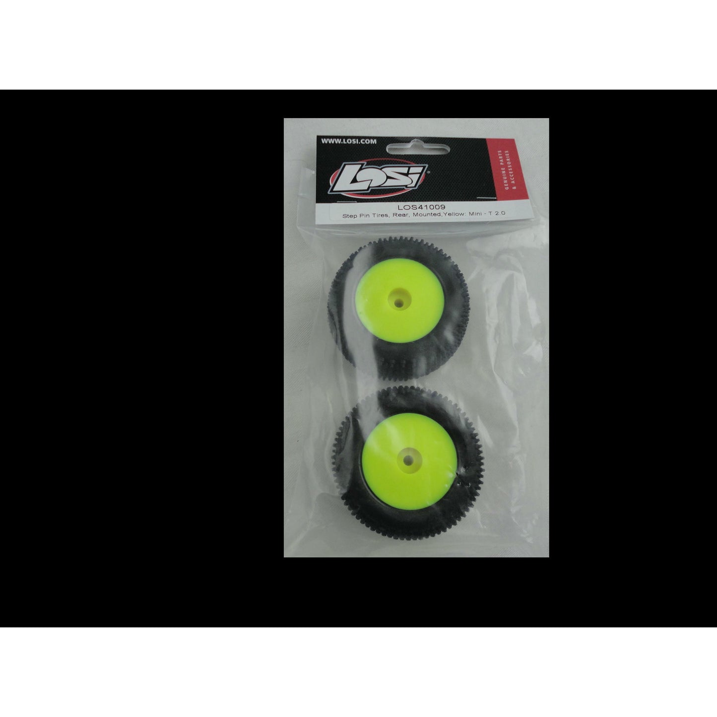 Image of Team Losi Mini-T 2.0 Step Pin Rear Mounted Tires w/Yellow Wheels LOS41009