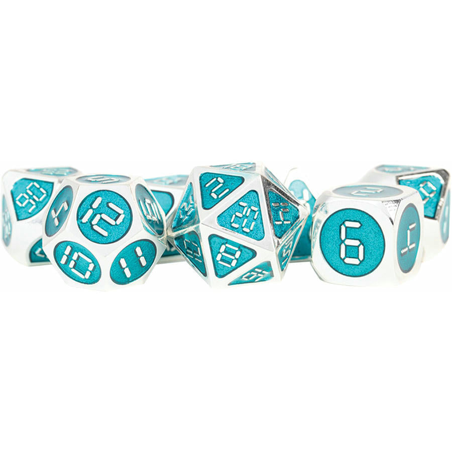 Image of 16mm Metal Digital Teal Polyhedral Dice 7-Dice Set (D20/12/10/%/8/6/4) MET022