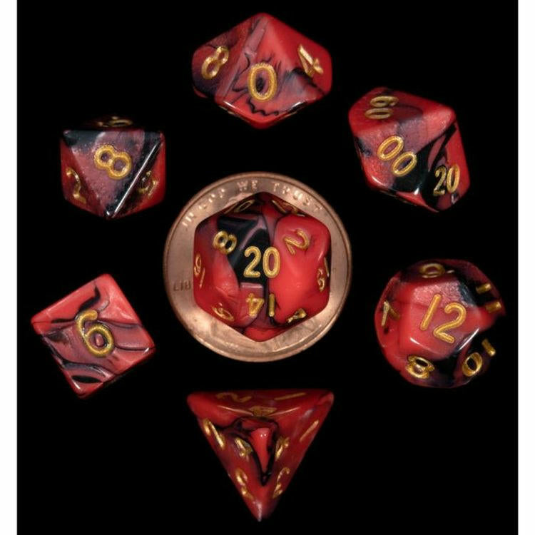 Image of Mini 10mm Red/Black Polyhedral Dice w/Gold Marks 7-Dice Set 20/12/10/%/8/6/4
