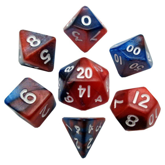 Image of Mini 10mm Red/Blue Polyhedral Dice w/White Marks 7-Dice Set 20/12/10/%/8/6/4