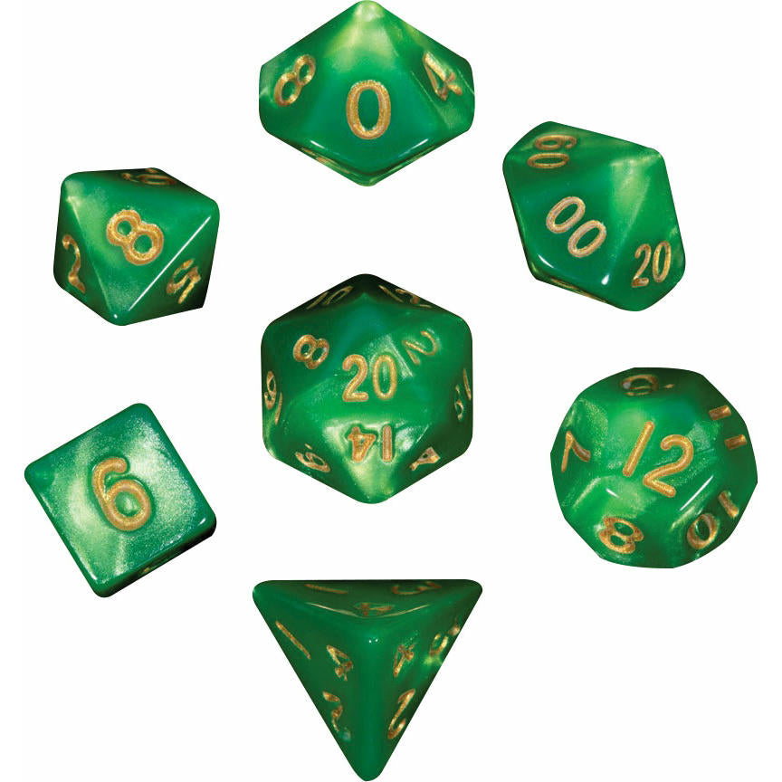 Image of Mini Green/Light Green Polyhedral Dice w/Gold Markings 7-Dice Set MET4155