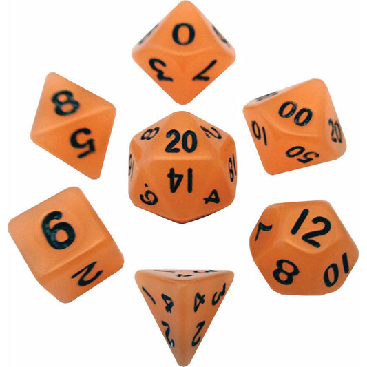 Image of Mini Polyhedral Dice Set: Glow Orange with Black Numbers