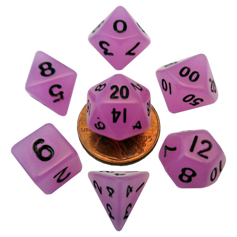 Image of Mini Glow Purple Polyhedral Dice w/Black Marks 7-Dice Set 20/12/10/%/8/6/4