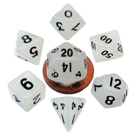 Image of Mini Glow Clear Polyhedral Dice w/Black Marks 7-Dice Set 20/12/10/%/8/6/4