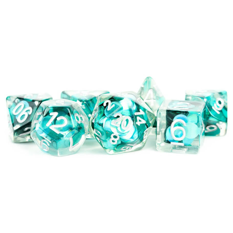 Image of Mermaid Scales Polyhedral Dice w/Silver 7-Dice Set d20/d12/d10/d%/d8/d6/d4