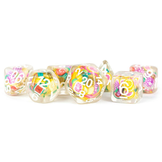 Image of Fruit RPG Polyhedral Dice w/White 7-Dice Set d20/d12/d10/d%/d8/d6/d4
