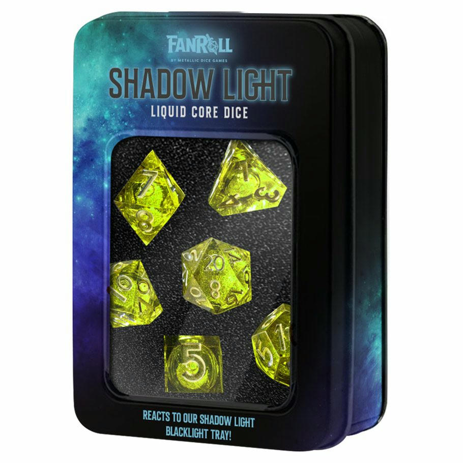 Image of Shadow Light Blacklight Neon Green Liquid Core RPG 7-Dice Set 20/12/10/%/8/6/4