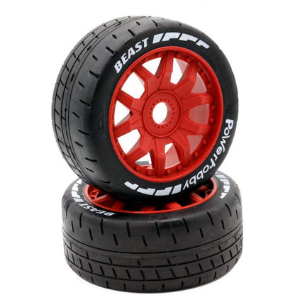 Image of 1/8 GT Beast Belted Mounted Tires 17mm Soft Red Wheels
