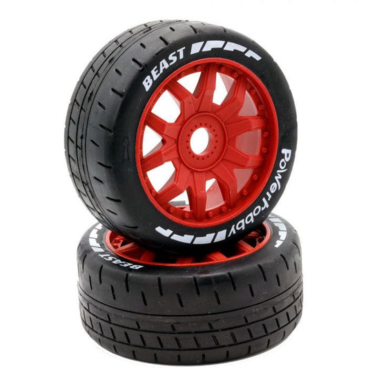 Image of 1/8 GT Beast Belted Mounted Tires 17mm Soft Red Wheels