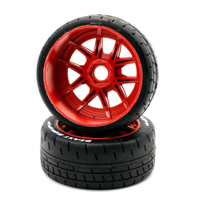 Image of 1/8 GT Beast Belted Mounted Tires 17mm Soft Red Wheels
