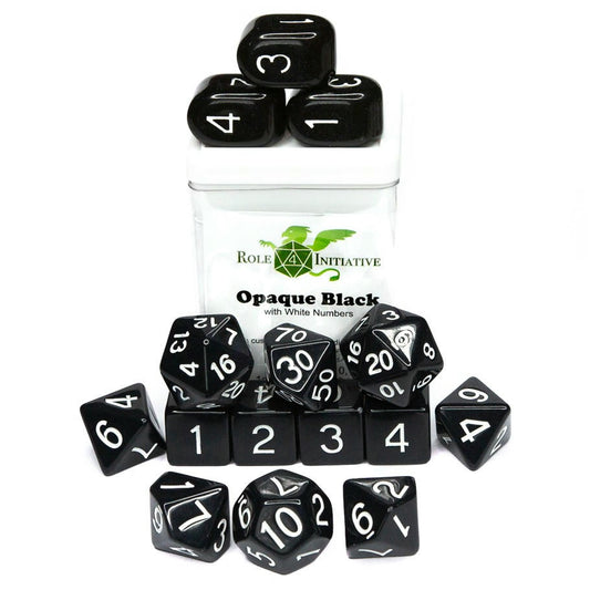 Image of 15 Black Opaque RPG/Gaming Dice w/White Numbers R4I50004-FB
