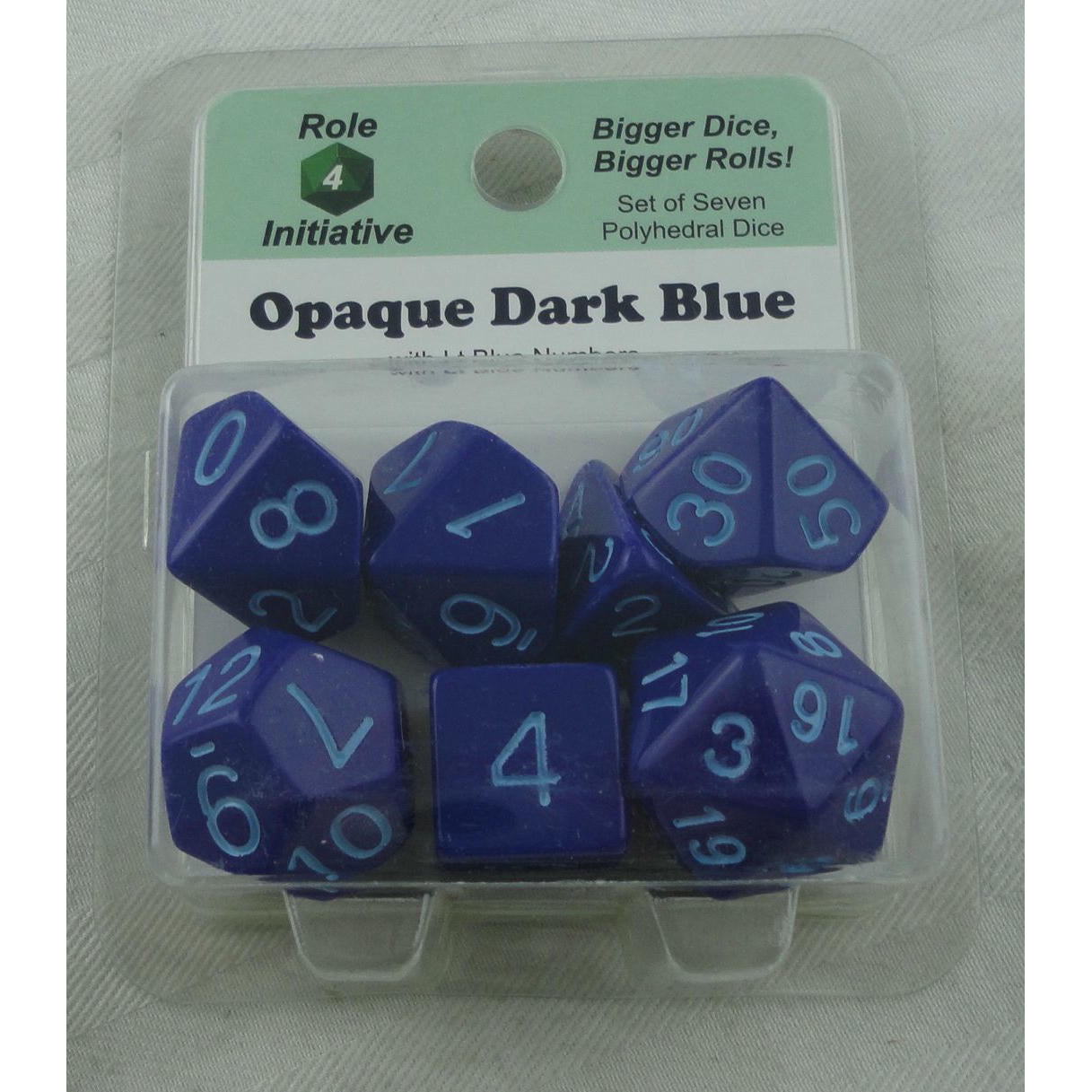 Image of 7 Dark Blue Opaque RPG/Gaming Dice w/Lt Blue Numbers 50009-7B Role 4 Initiative