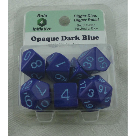 Image of 7 Dark Blue Opaque RPG/Gaming Dice w/Lt Blue Numbers 50009-7B Role 4 Initiative
