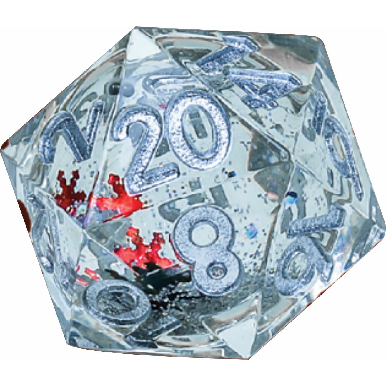 Image of Snow Globe: 22mm Sharp Edged D20 - Silver Ink; Silver Glitter; Silver Green and Red Snowflakes