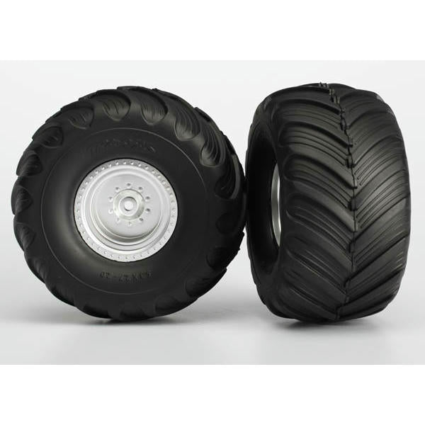 Image of Traxxas Dual Profile Tires w/Satin Chrome Wheels Stampede/Monster Jam Rear 3663