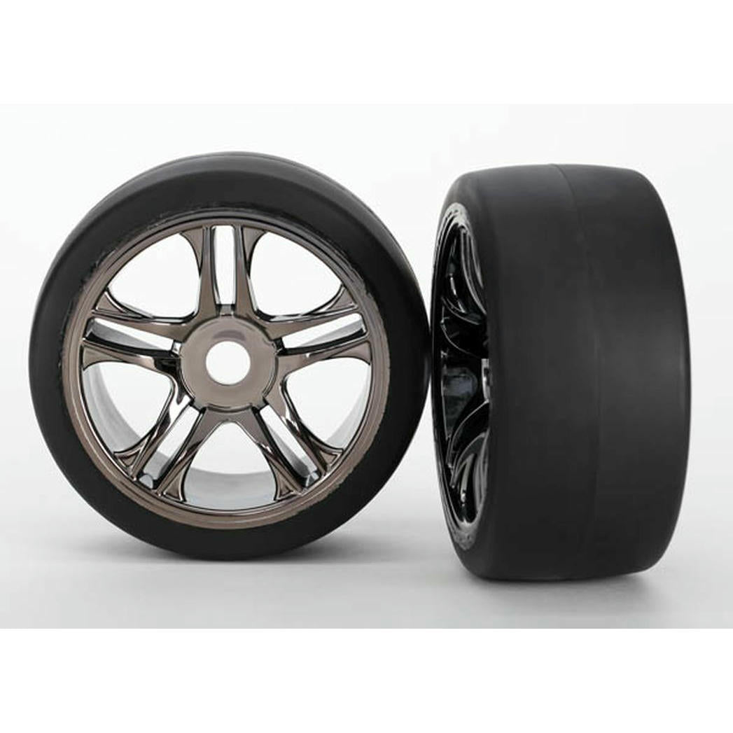 Image of Traxxas XO-1 S1 Slick Tires/Black Chrome Split Spoke Wheels (Assembled, Front)
